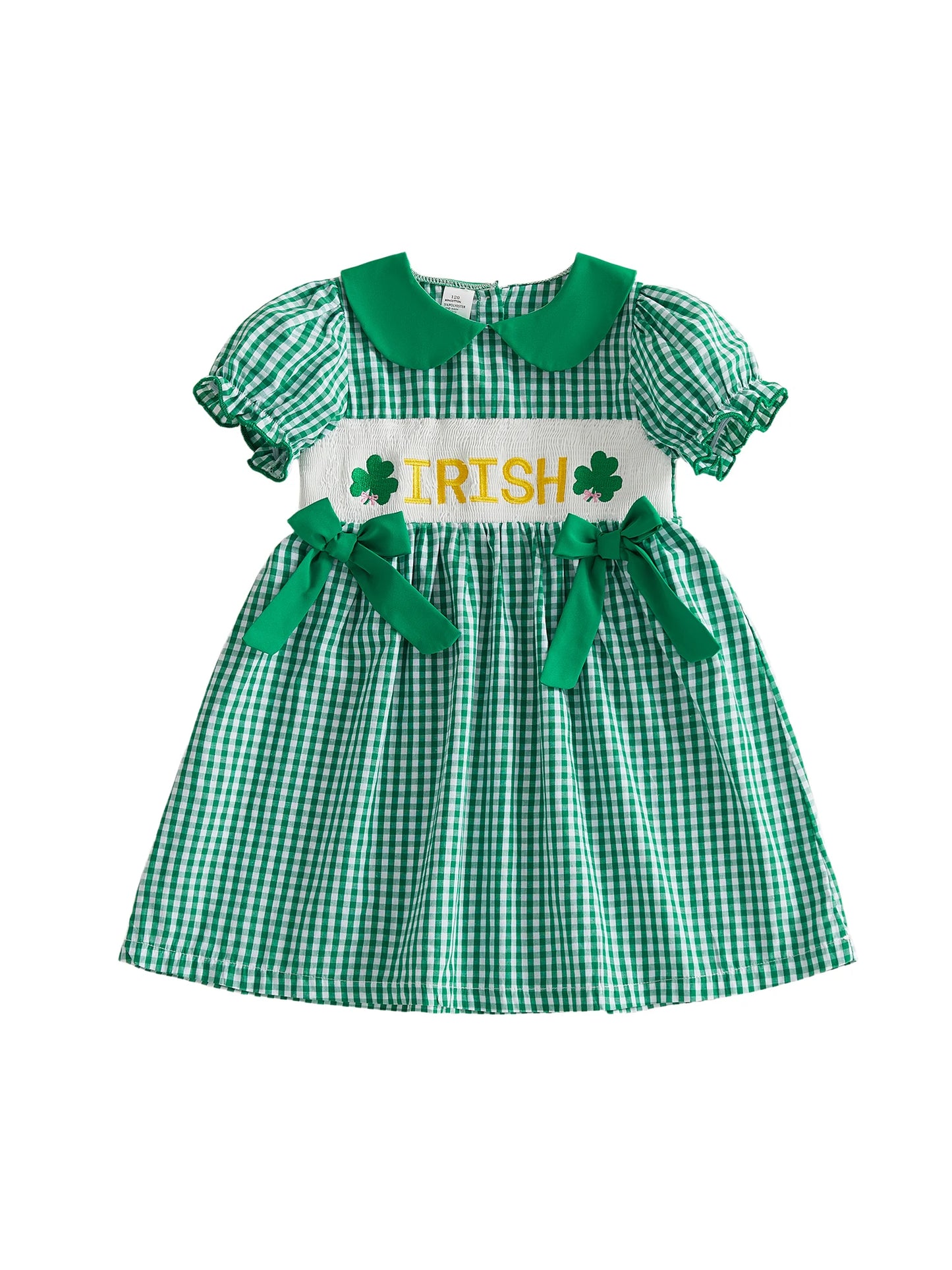 Girls Plaid A-line Dress with Short Sleeves and Doll Collar St Patrick s Day Clover Embroidery Irish Letter Detail