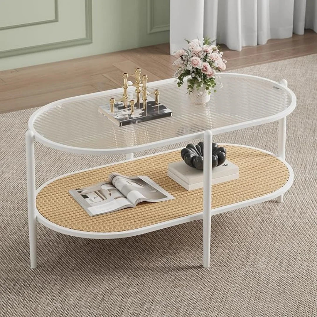 Boho Farmhouse Two Tier Rattan Coffee Table With Glass Top