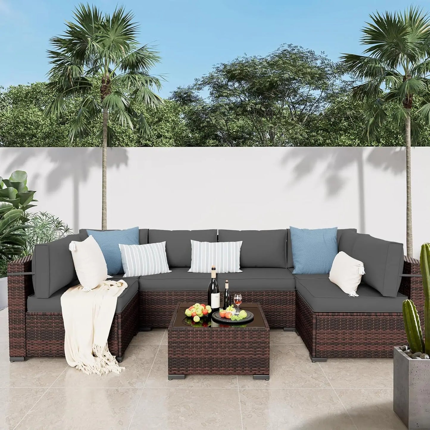 Patio Furniture Sets, 7 Pieces Outdoor Rattan Sectional Sofa Set with Glass Table and Cushions Outdoor Indoor Backyard L Garden