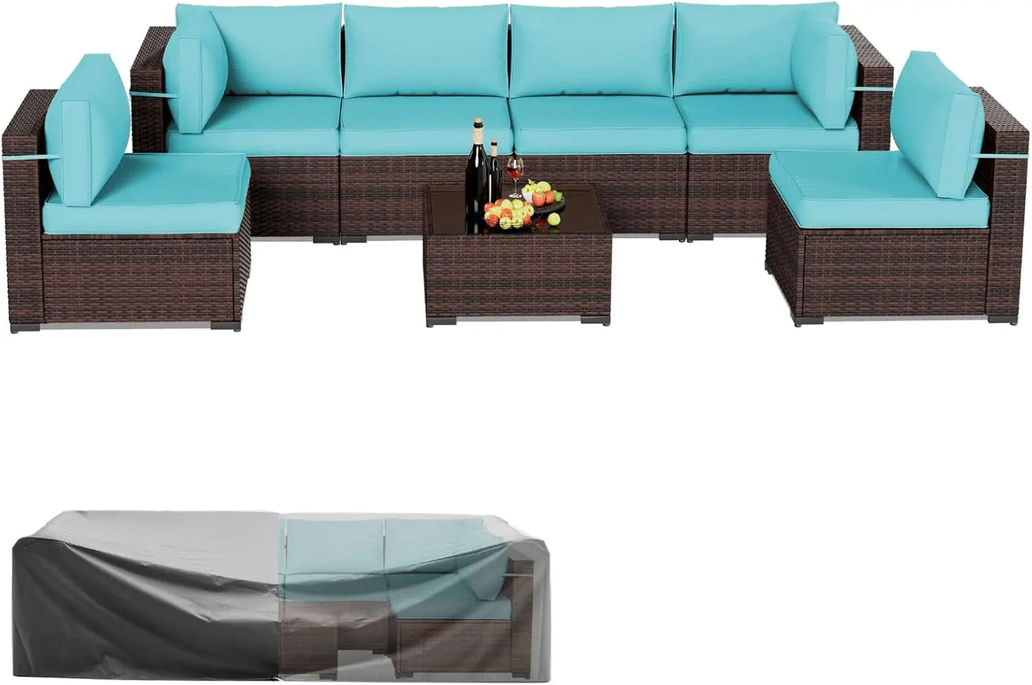 Patio Furniture Sets, 7 Pieces Outdoor Rattan Sectional Sofa Set with Glass Table and Cushions Outdoor Indoor Backyard L Garden