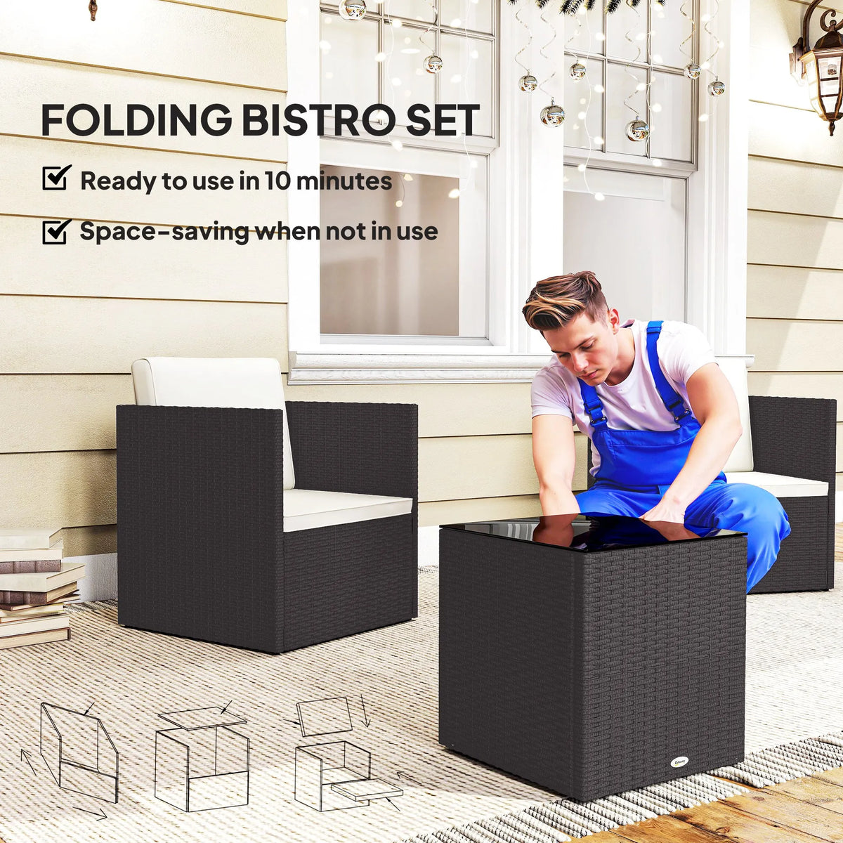 Outsunny Folding Wicker Bistro Patio Furniture Set For Garden