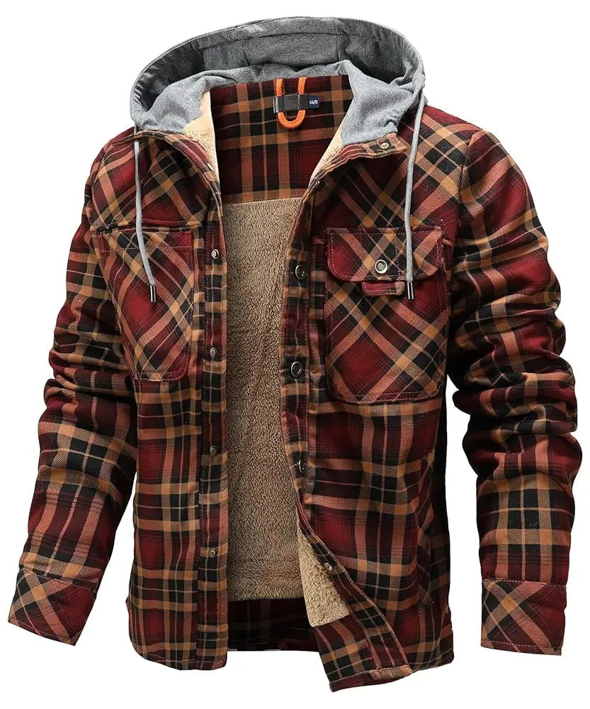 Men's Winter Hooded Plaid Flannel Sherpa Lined Jacket