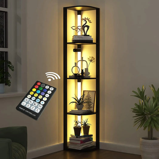 Modern Corner Shelf with LED Lights, 5-Tier Storage Display for Living Room Bedroom Small Spaces