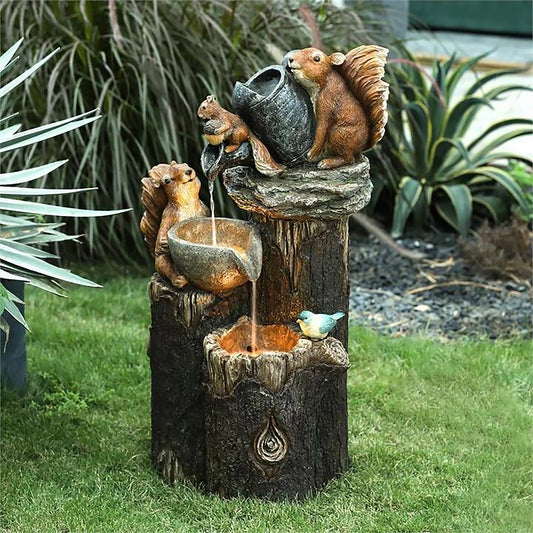 Funny Animal Decoration Duck /Squirrel Fountain Ornament Landscaping Decor with Light Garden Duck Squirrel Figurine Garden Decor