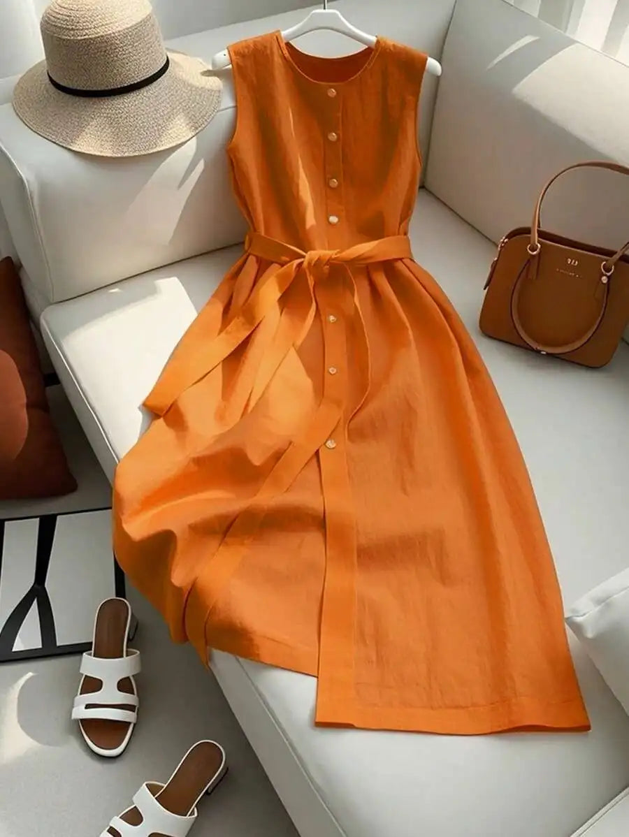 Sleeveless Single-Breasted Burgundy Casual Dress With Belt