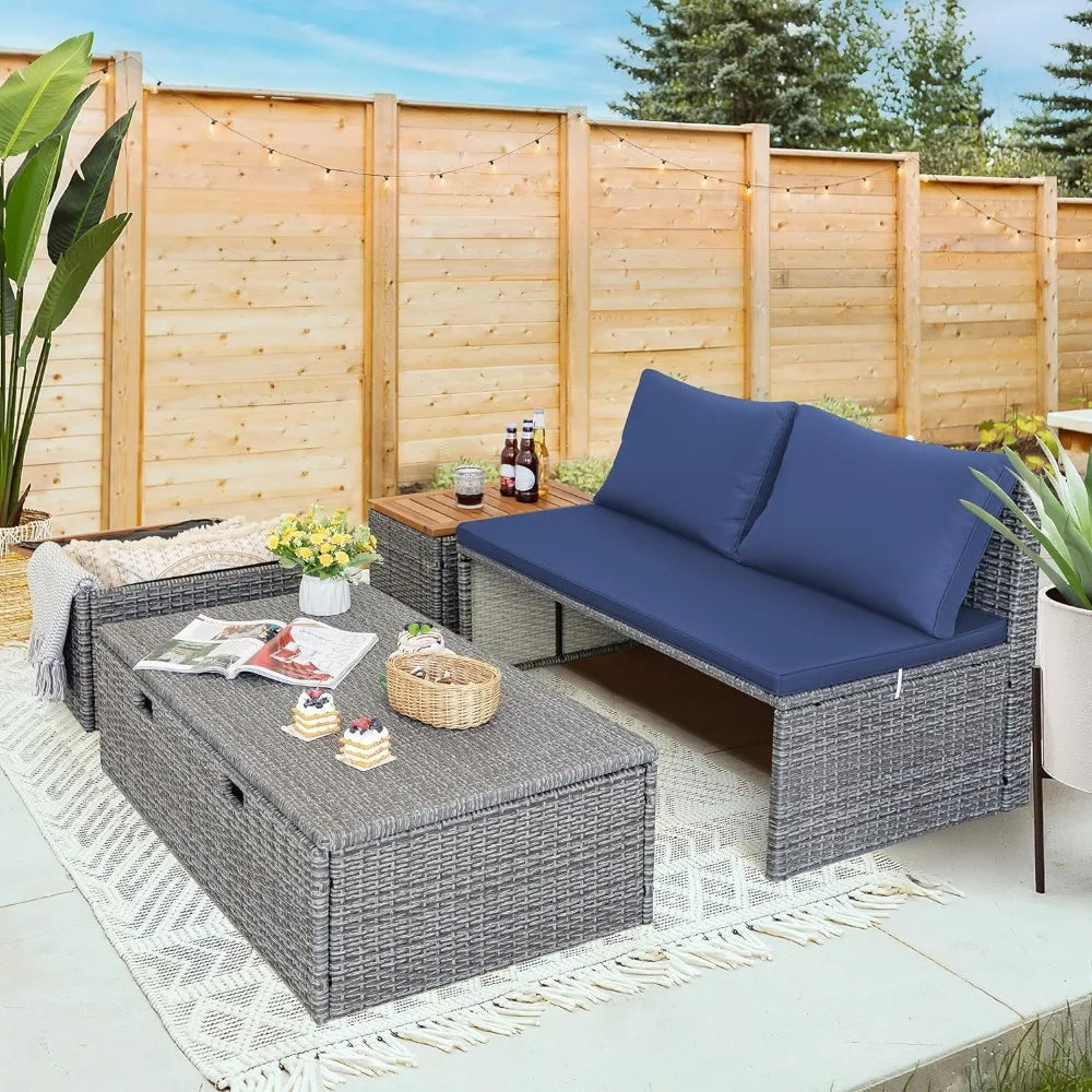 Patio Day Bed Outdoor Daybed Set Multifunctional Rattan Lounge Bed with 2 Side Tables for Backyard Porch Poolside Lawn Beach (N