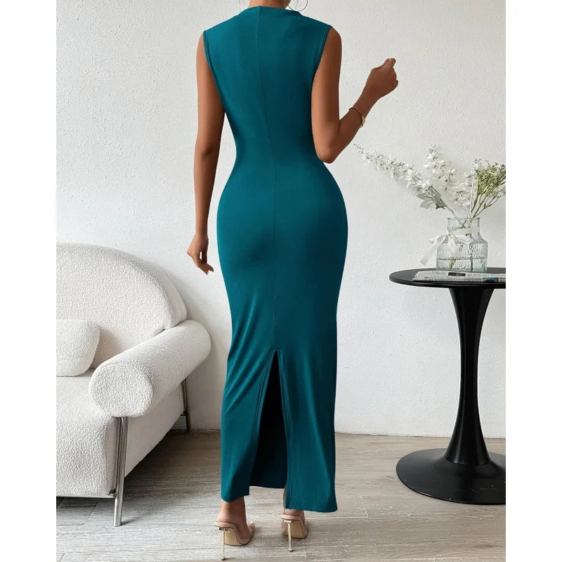 Women Ruched Bodycon Maxi Dress Wedding Guest Sleeveless