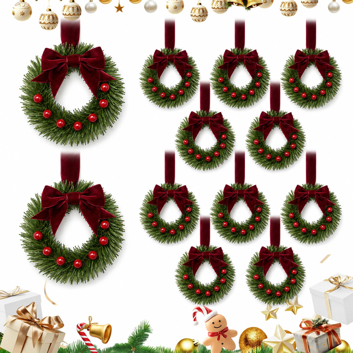 HiMiss Mini Christmas Wreaths With Pine Berry Bows Holiday Decor
