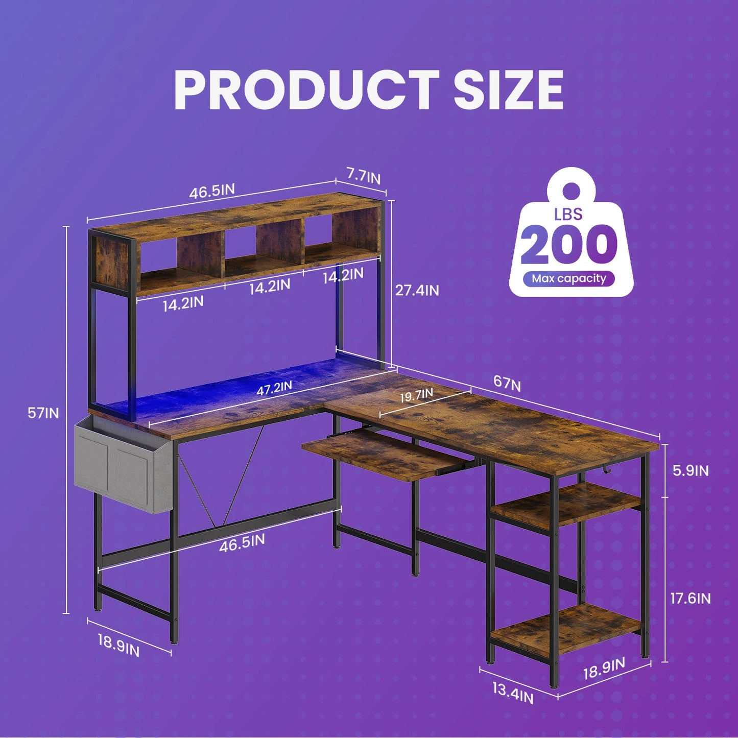 JHK 67" L Shaped Gaming Desk Corner Desks for Compact Spaces with Keyboard Tray Storage Shelf Reversible Computer Desk with LED Lighting Metal Frame PC Gaming Table for Home Office