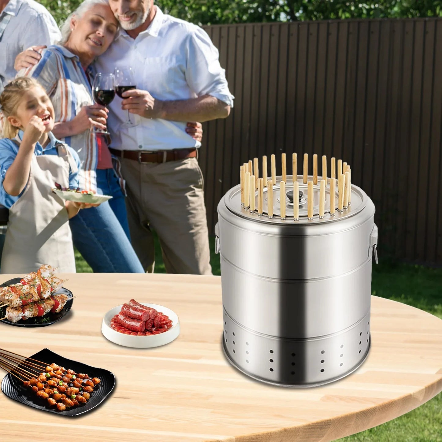 Charcoal Barbecue Grill - 28 Skewers Large Capacity BBQ Grill, 360° Even Heat Distribution, BBQ Charcoal Grill with Grilling Accessories, Outdoor Barbecue Grill for 6-10 Peoples
