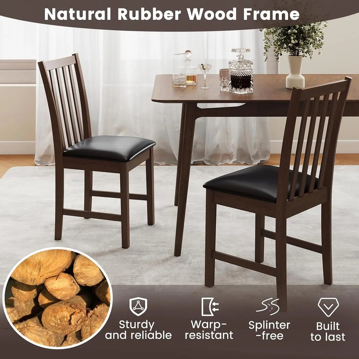 Wooden Dining Chairs Set of 4, Faux Leather Upholstered Kitchen Chair w/Rubber Wood Legs, Curved Back, Padded Seat,, Customized