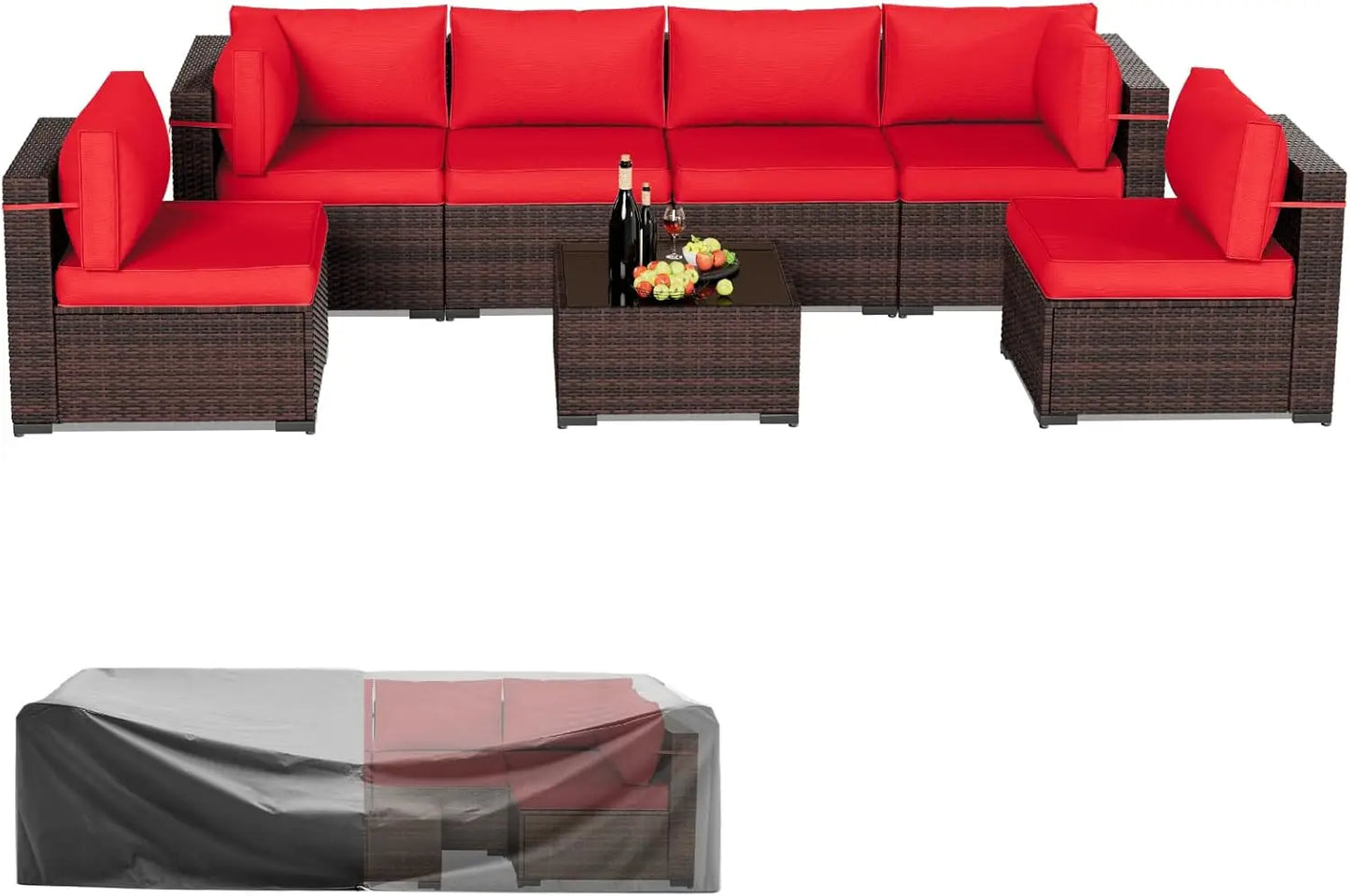 Patio Furniture Sets, 7 Pieces Outdoor Rattan Sectional Sofa Set with Glass Table and Cushions Outdoor Indoor Backyard L Garden