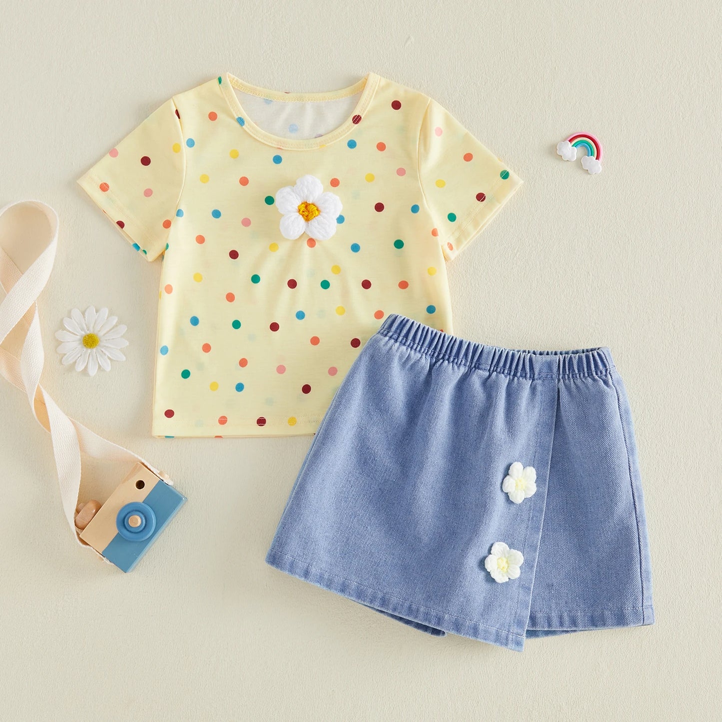 Adorable Toddler Girl s Summer Ensemble with Vibrant Polka Dot Pattern and Floral Accents Featuring Short Sleeve Tee and Denim