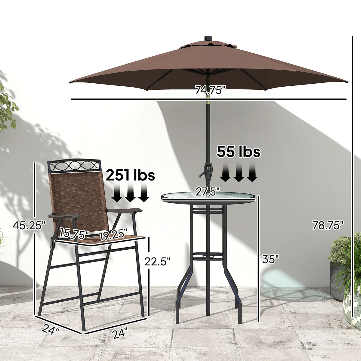 4Pc Outdoor Patio Dining Set Furniture, 2 Folding Chairs, Table, Umbrella, Brown
