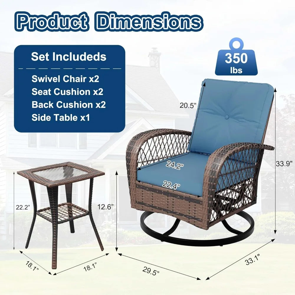 3 Piece Outdoor Swivel Chairs, Wicker Patio Bistro Set with Thickened Cushions and Side Table, Patio Swivel Rocking Chairs for P