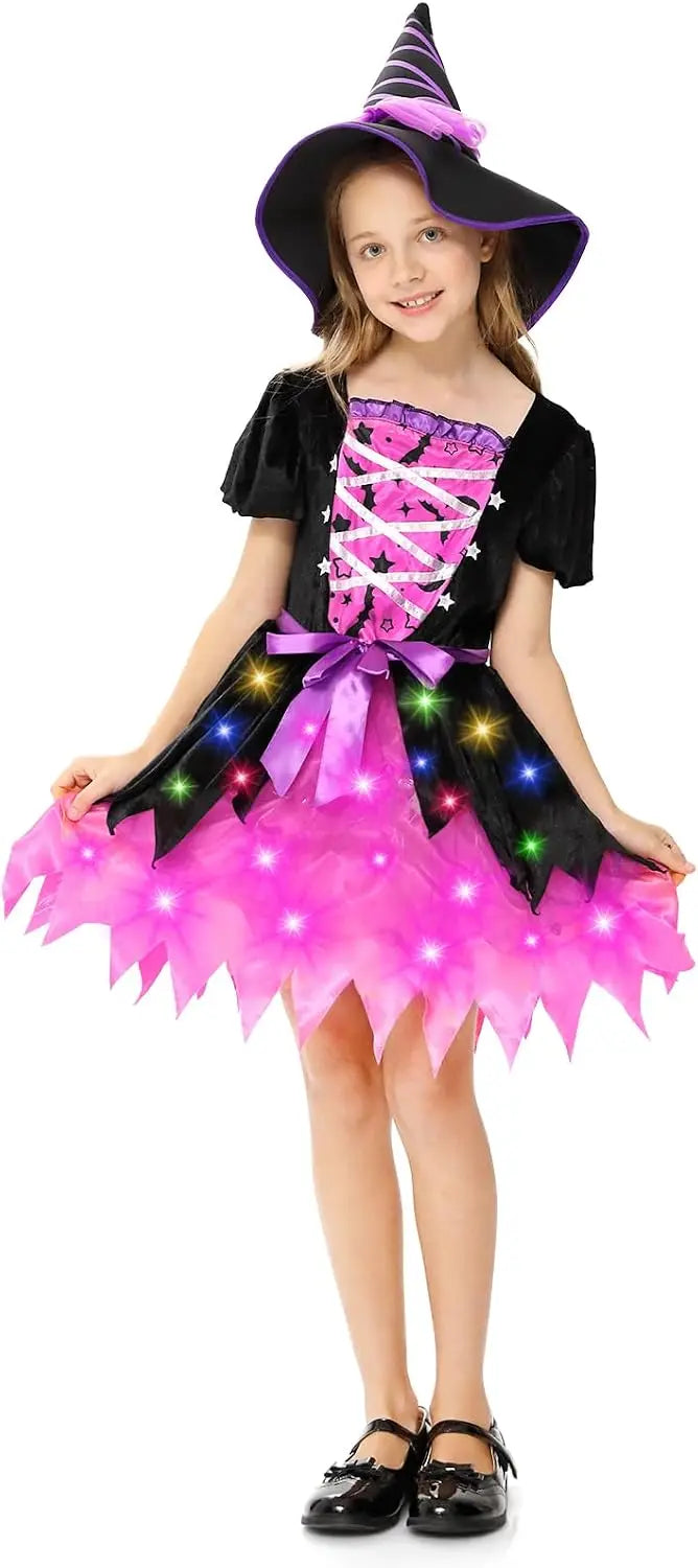Halloween Girls Light-Up Pink Witch Costume with Hat Kids Fancy Dress Outfit Carnival Cosplay Party Role Play  for Parties, Photos and Pretend Play