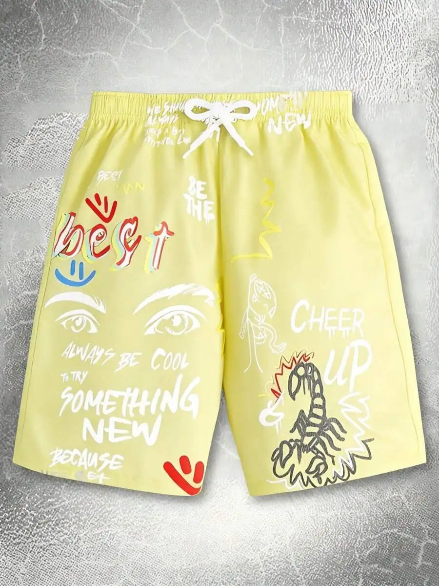 Mens Graphic Print Beach Shorts Orange Elastic Waist Swim Trunks Motivational Quote Casual Summer Wear