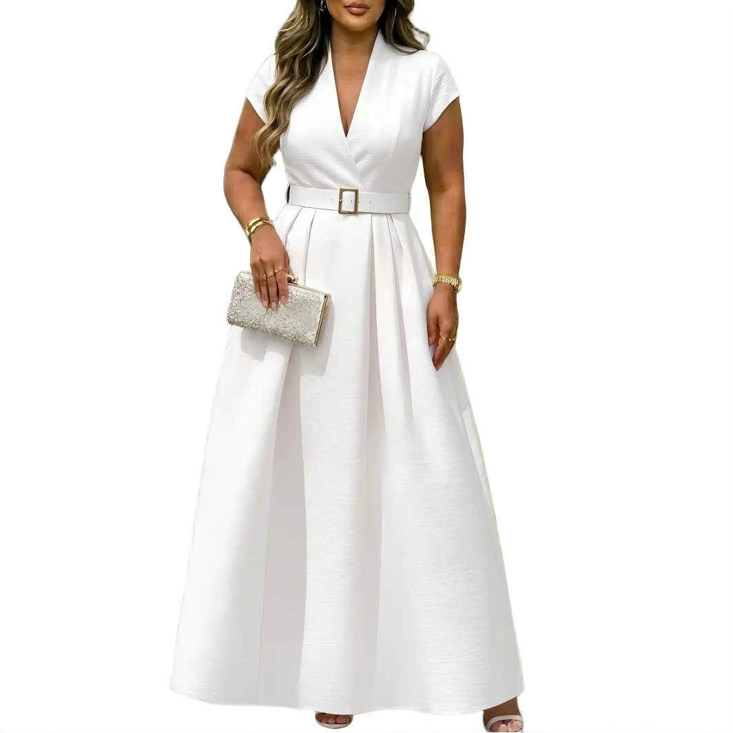 Classy Style Women Summer Lapel Short Sleeve Wrap Belted Pleated Swing Maxi Gown Dress