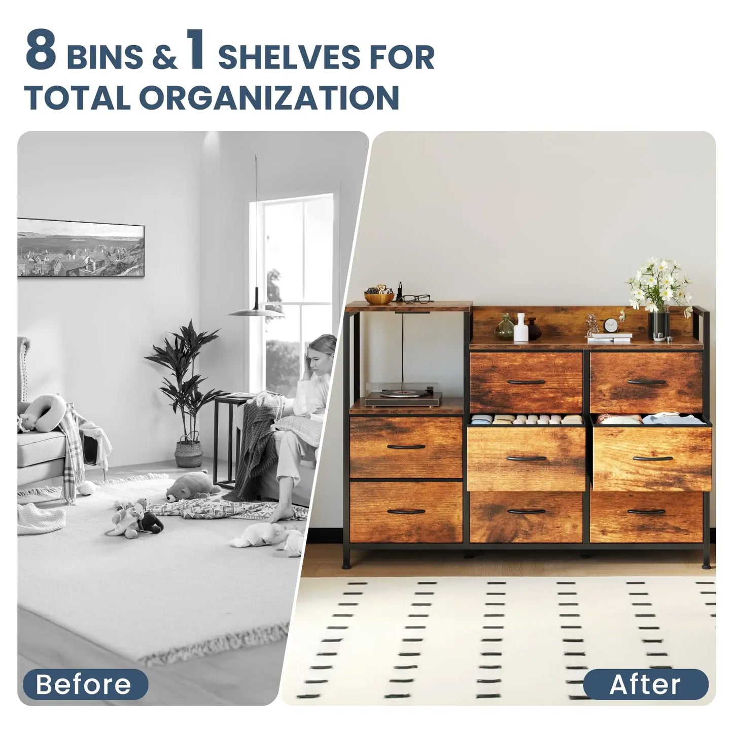 MCQ 8 Fabric Drawers And1 Open Space Cabinets Metal Frame Bedside End Table Storage With Charging Station for Home Furniture