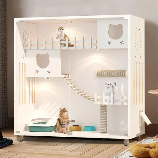 Wooden Indoor Cat Cage on Wheels With Ventilated Condo
