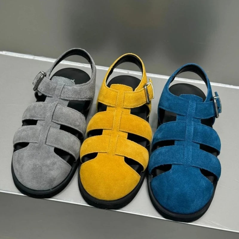AUTUSPIN Retro Women Genuine Leather Flat Sandals Fashion Comfort Casual Buckles Shoes Woman Summer Hollow Out Sandals Round Toe