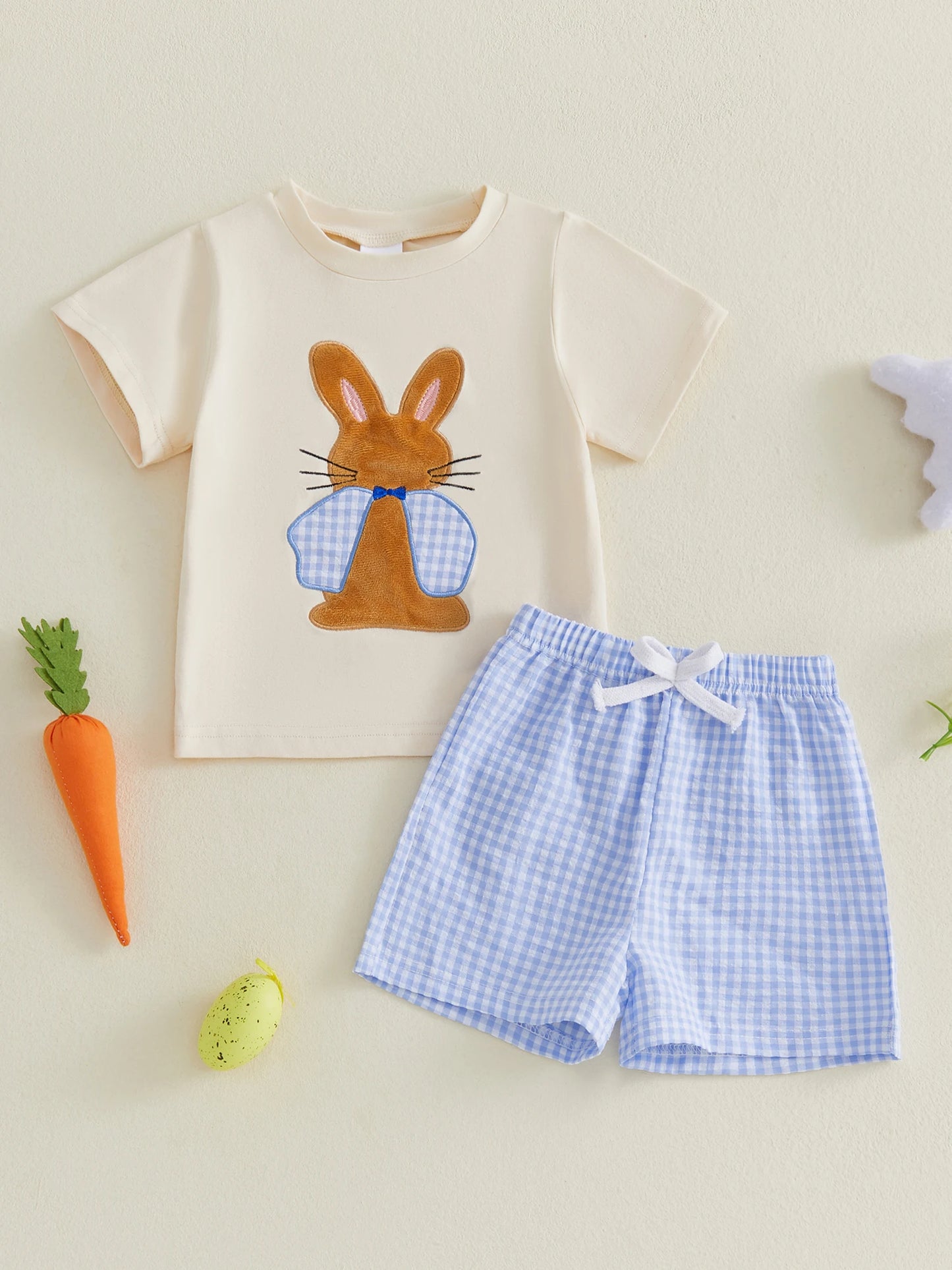 Cute Toddler Boys Easter Clothes Bunny Applique Short Sleeve Tee and Checkered Shorts Set for Spring Outfits