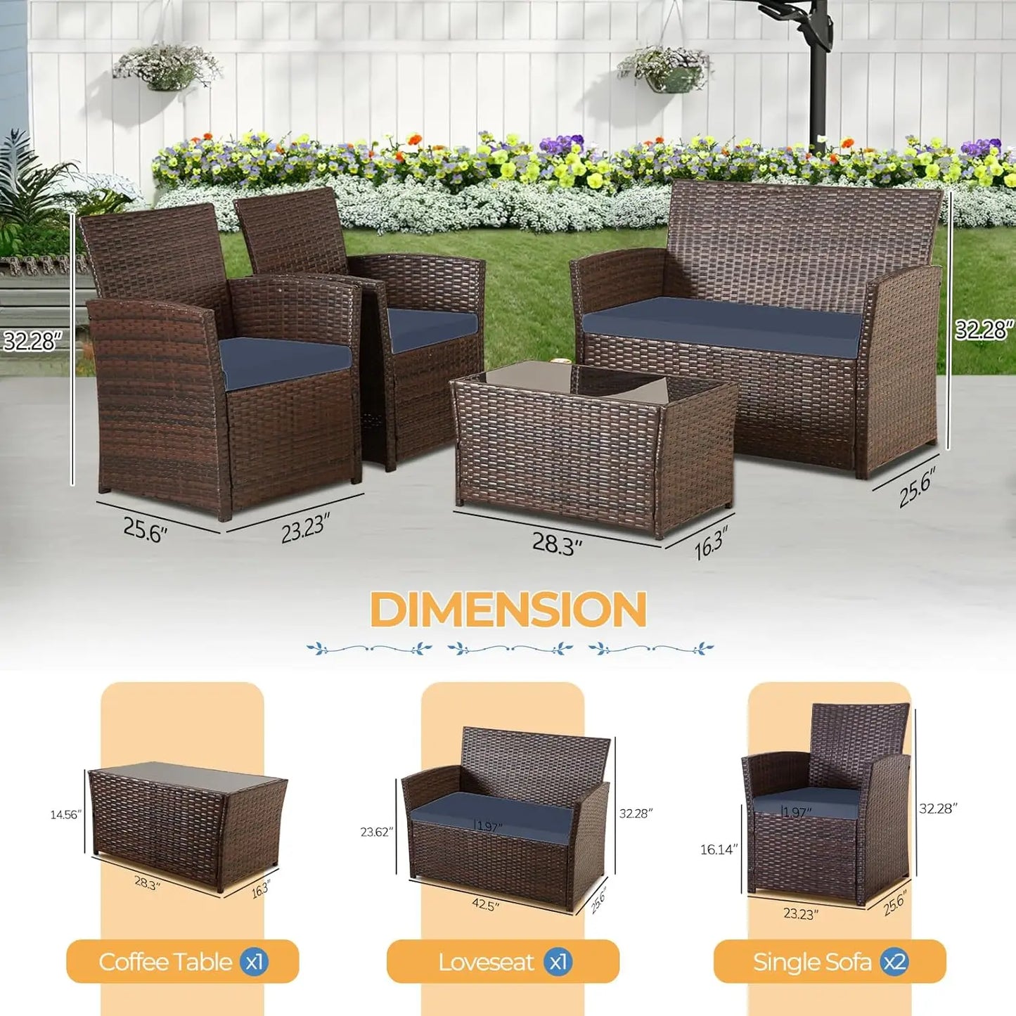 4 Piece Outdoor Patio Furniture Sets, Patio Sectional Furniture Conversation Sofa Set, Rattan Table and Chairs and, Customized