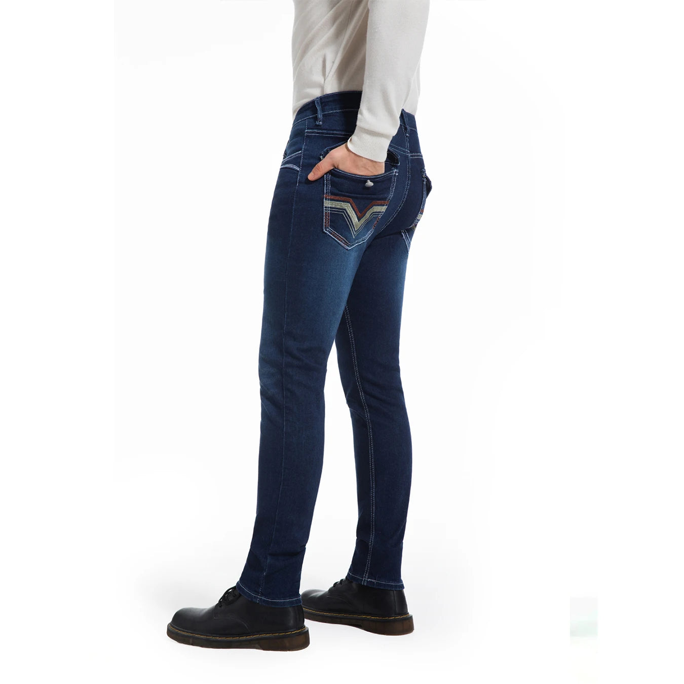 Men's deep blue elastic embroidered casual stretch jeans, street style, solid color, suitable for all seasons.