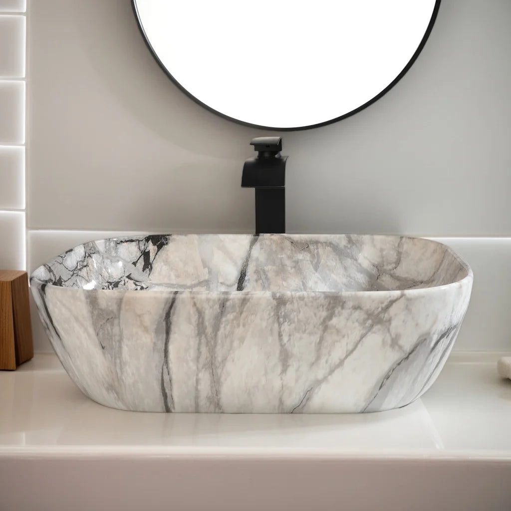 Mekkerala Artistic Marble Pattern Ceramic Vessel Sink Set