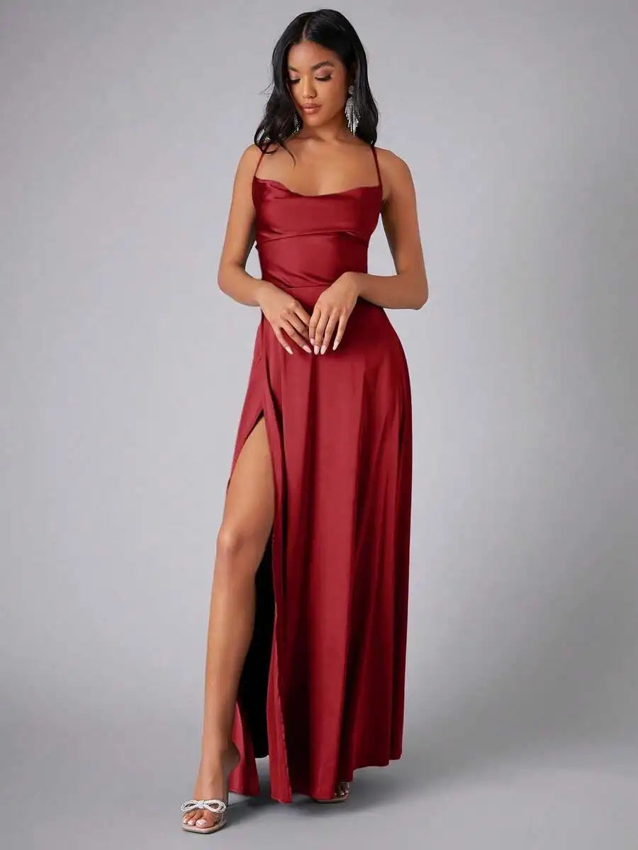 Satin Spaghetti Strap Prom Dress With High Slit And Draping
