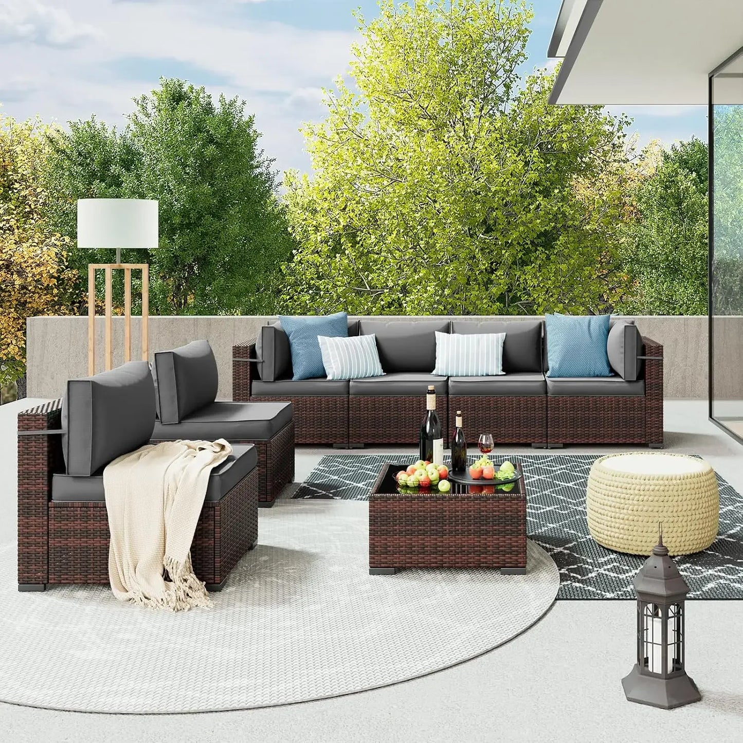 Patio Furniture Sets, 7 Pieces Outdoor Rattan Sectional Sofa Set with Glass Table and Cushions Outdoor Indoor Backyard L Garden