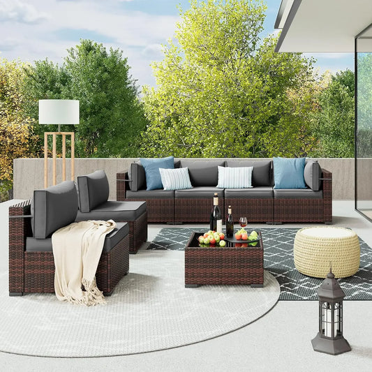 Patio Furniture Sets, 7 Pieces Outdoor Rattan Sectional Sofa Set with Glass Table and Cushions Outdoor Indoor Backyard L Garden