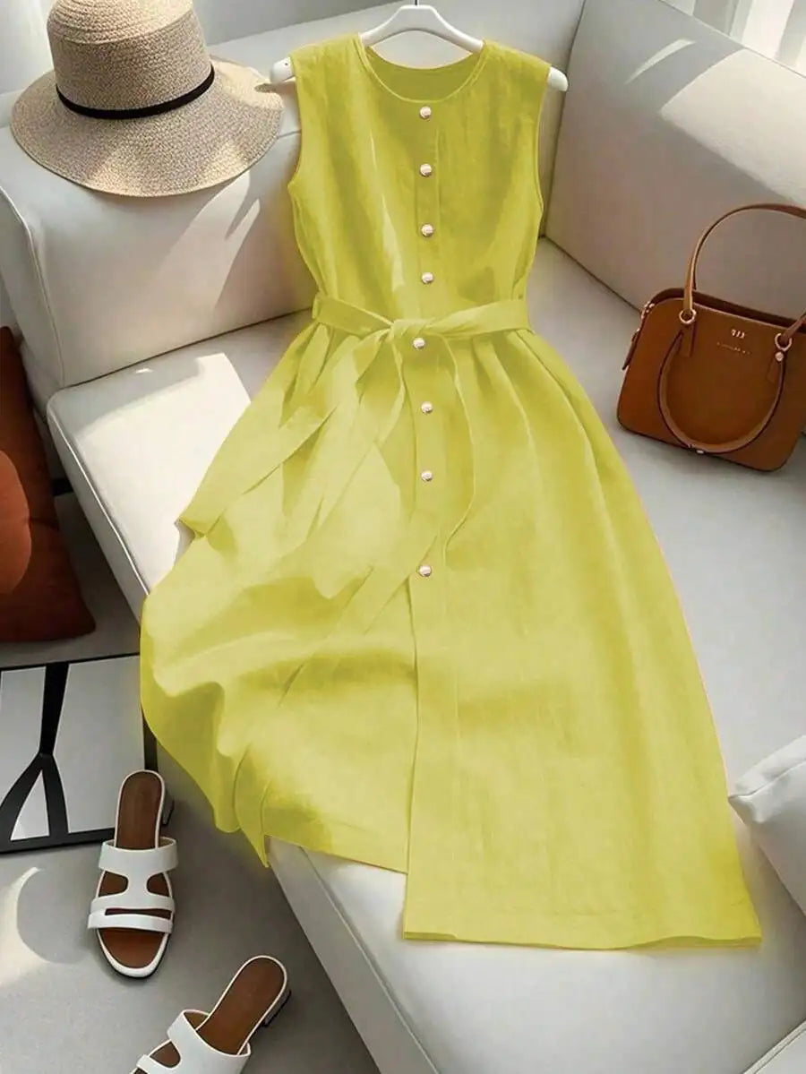 Sleeveless Single-Breasted Burgundy Casual Dress With Belt