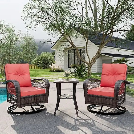 3 Piece Outdoor Swivel Chairs, Wicker Patio Bistro Set with Thickened Cushions and Side Table, Patio Swivel Rocking Chairs for P