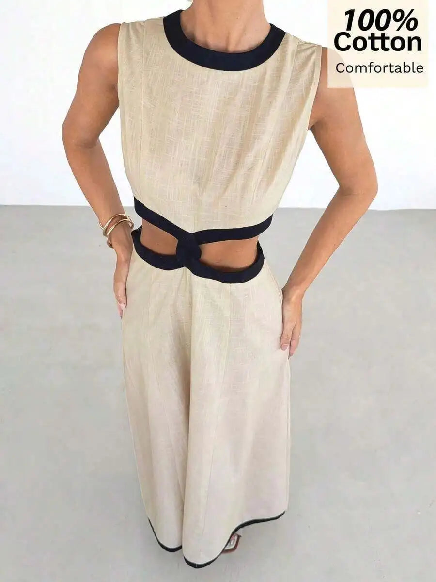 Cotton Sleeveless Color Block Hollow Out Dress With High Waist