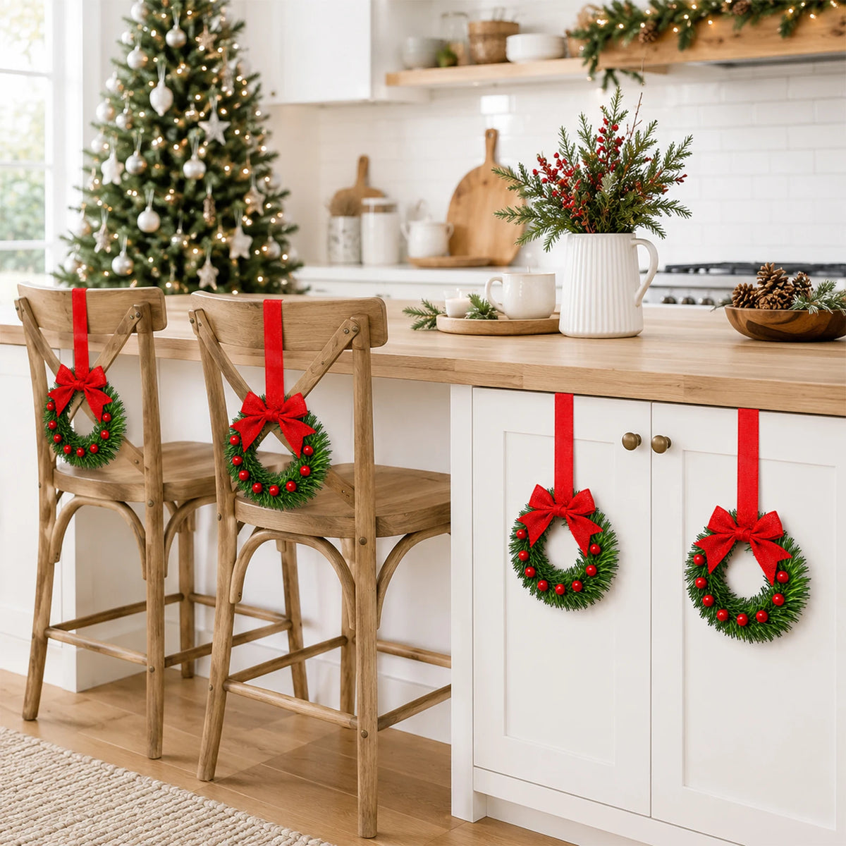 HiMiss Mini Christmas Wreaths With Pine Berry Bows Holiday Decor
