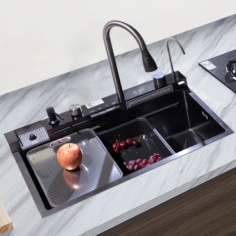 304 Stainless Steel Kitchen Sink Double Waterfall Single Slot Integrated Digital Display Faucet Set Soap dispenser Cup Washer
