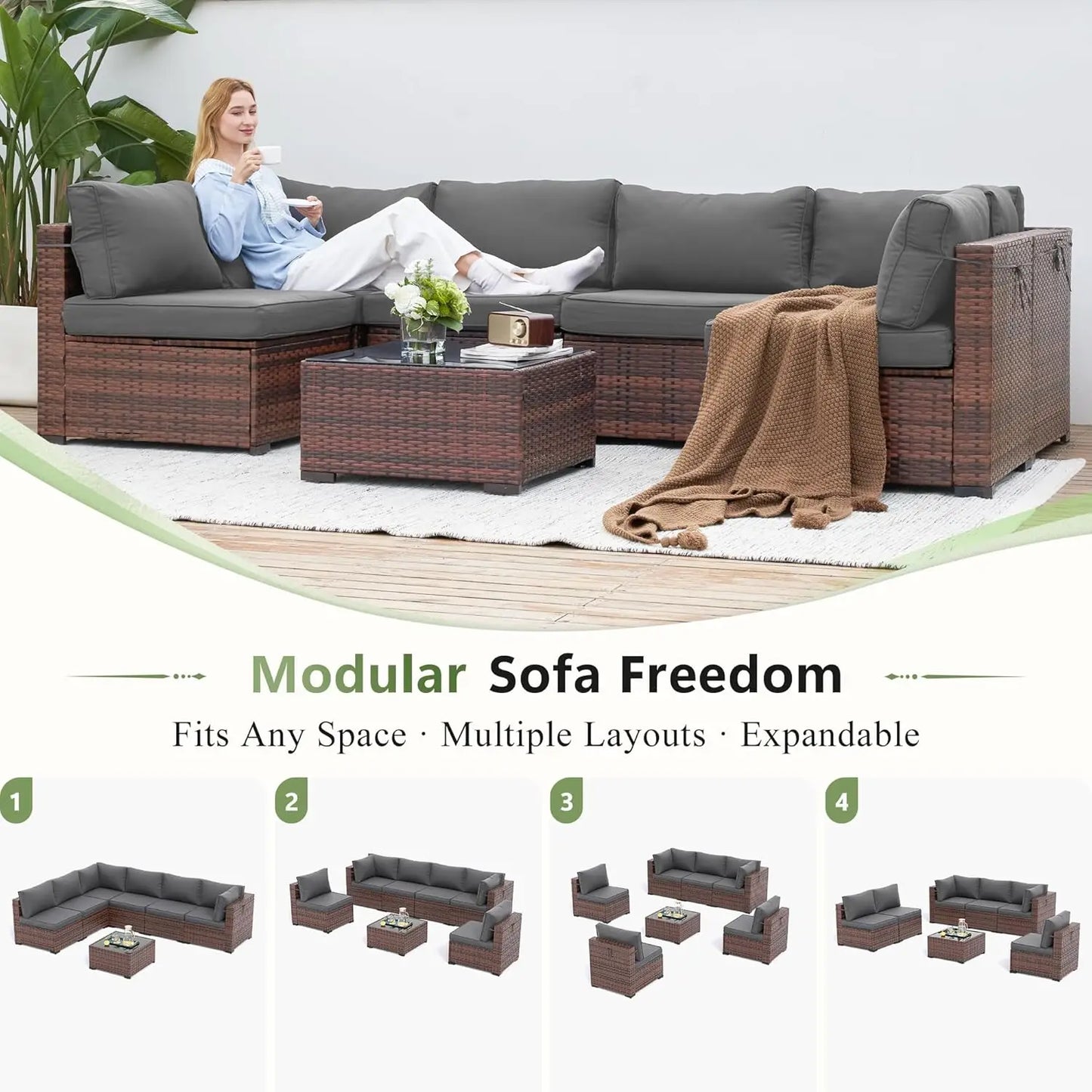 Patio Furniture Sets with Waterproof Cover, 7 Pieces Outdoor Rattan Sectional Sofa Set with Glass Table, Customized