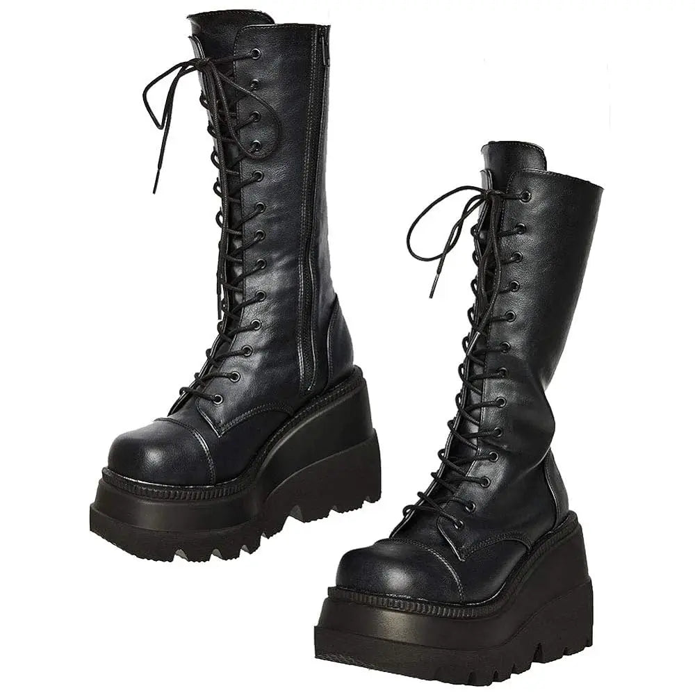 DoraTasia Gothic Lace Up Round Toe Mid Calf Boots With Side Zipper