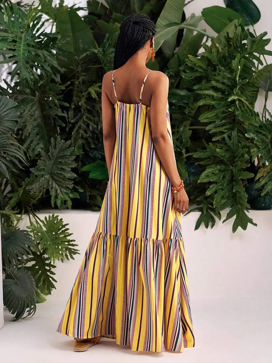 Summer Striped Spaghetti Strap Maxi Dress A-Line Casual Beach Vacation