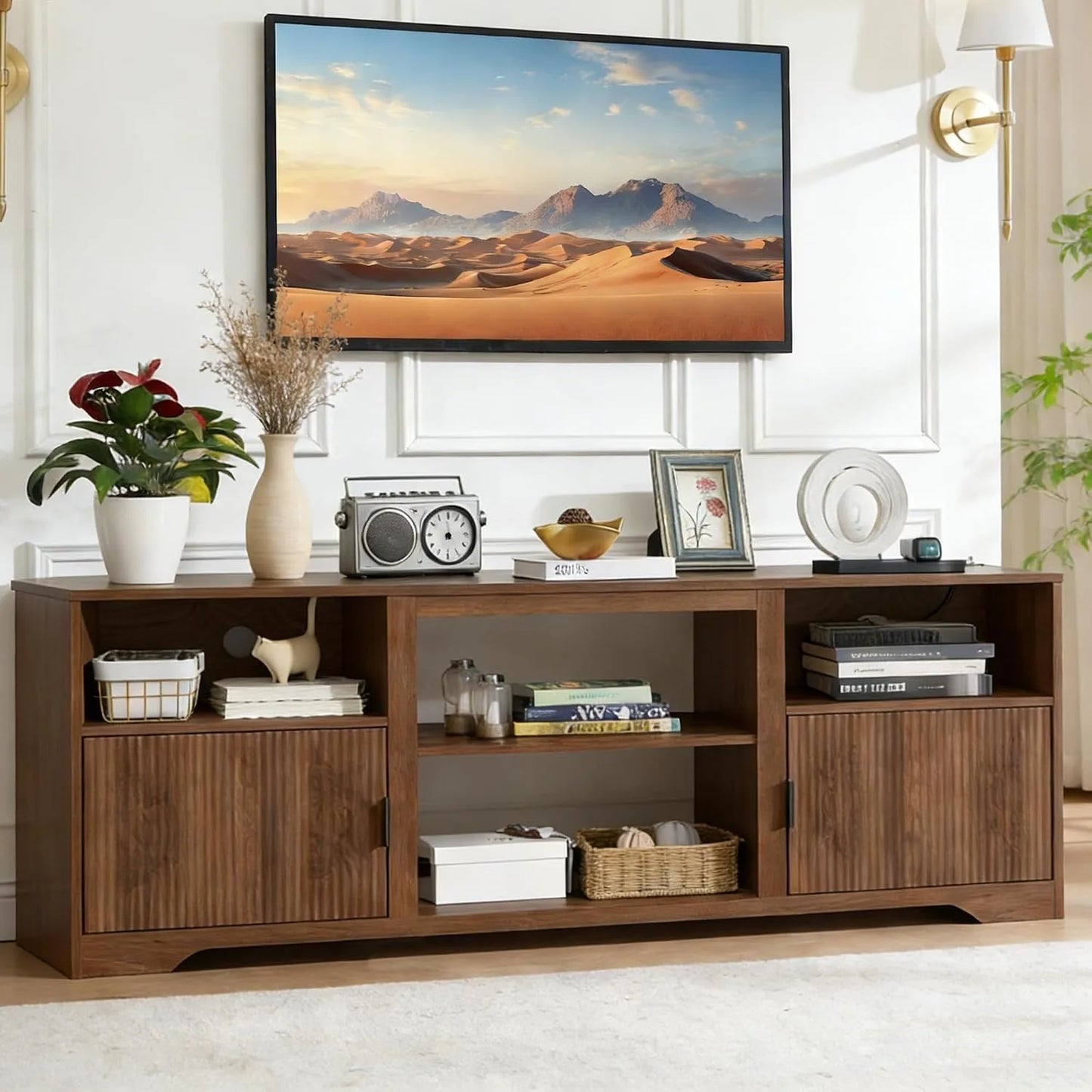 Fluted Mid Century Wood TV Stand Adjustable Shelves Fits 80in TVs, Customized