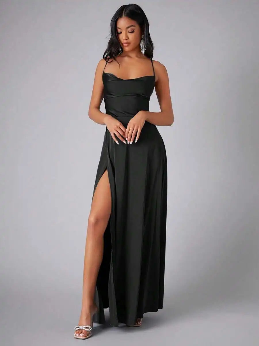 Satin Spaghetti Strap Prom Dress With High Slit And Draping