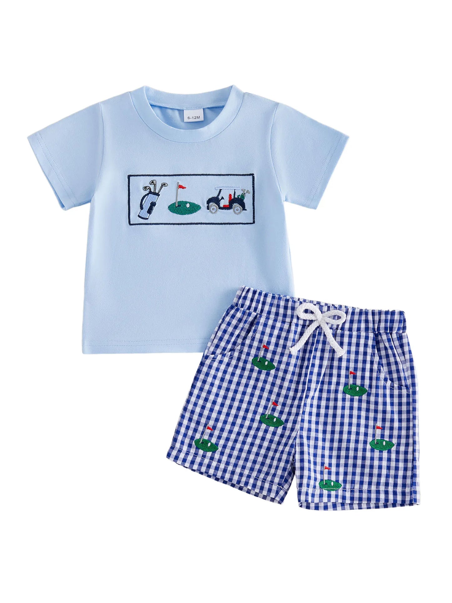 Boys Summer Outfits with Cute Animal Embroidery Short Sleeve T-Shirts and Elastic Waist Plaid Shorts 2Pcs Clothing Set for