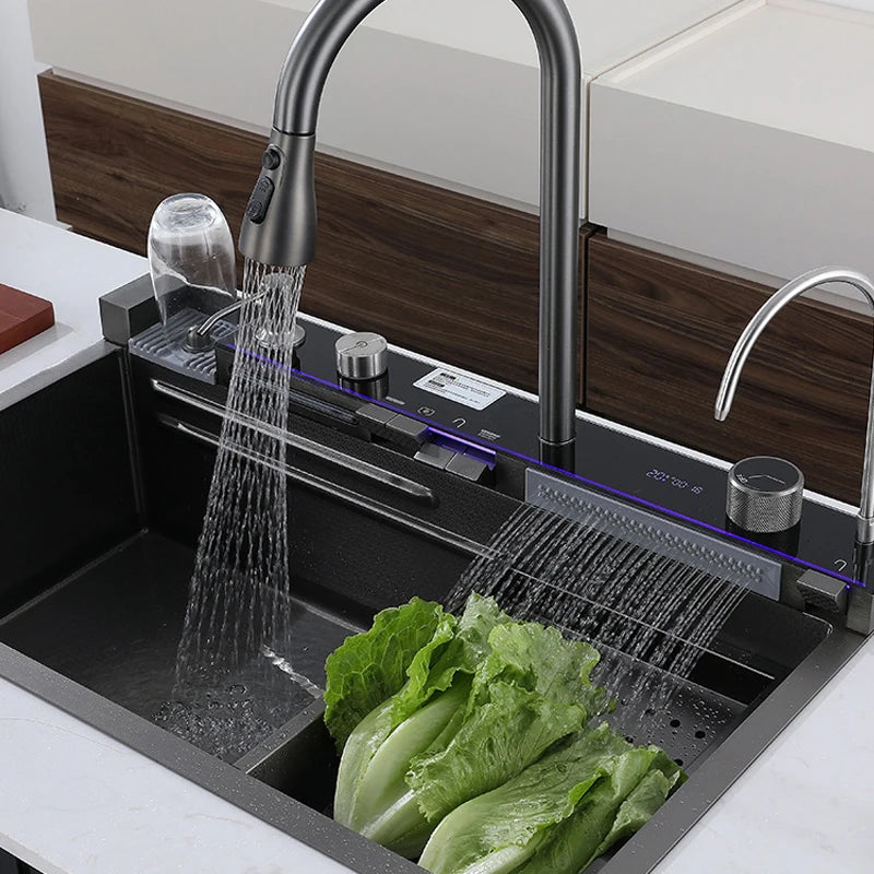 304 Stainless Steel Kitchen Sink Double Waterfall Single Slot Integrated Digital Display Faucet Set Soap dispenser Cup Washer