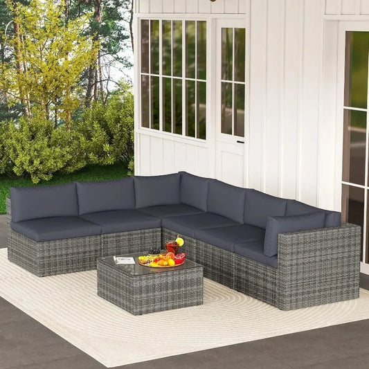 All Weather Patio Set With Wicker Sectional Sofa Glass Table