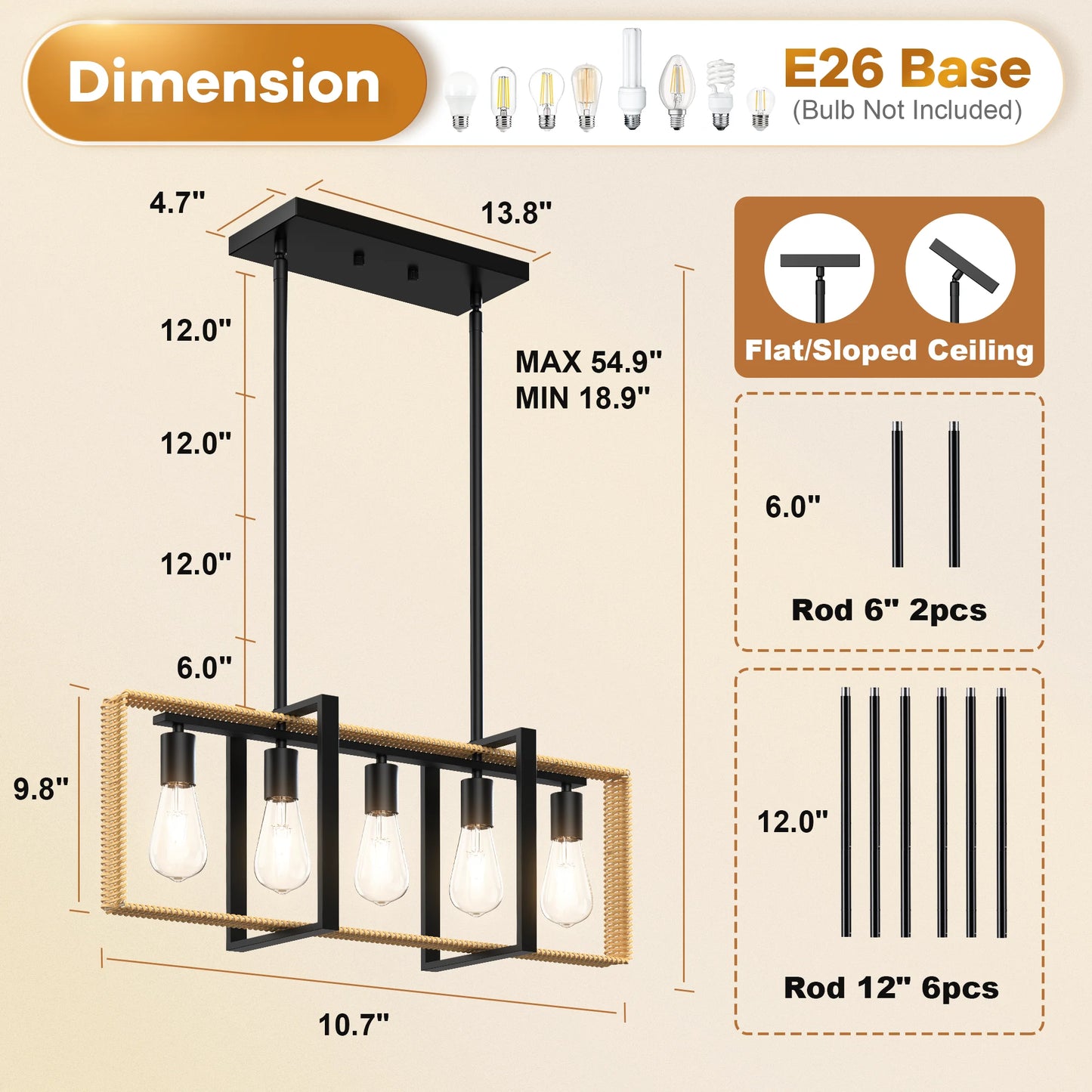 TWISTER.CK 5-Light Rattan Ceiling Pendant Farmhouse Lighting