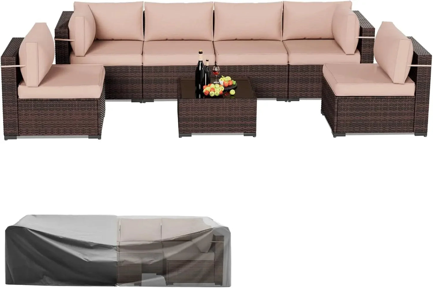 Patio Furniture Sets, 7 Pieces Outdoor Rattan Sectional Sofa Set with Glass Table and Cushions Outdoor Indoor Backyard L Garden