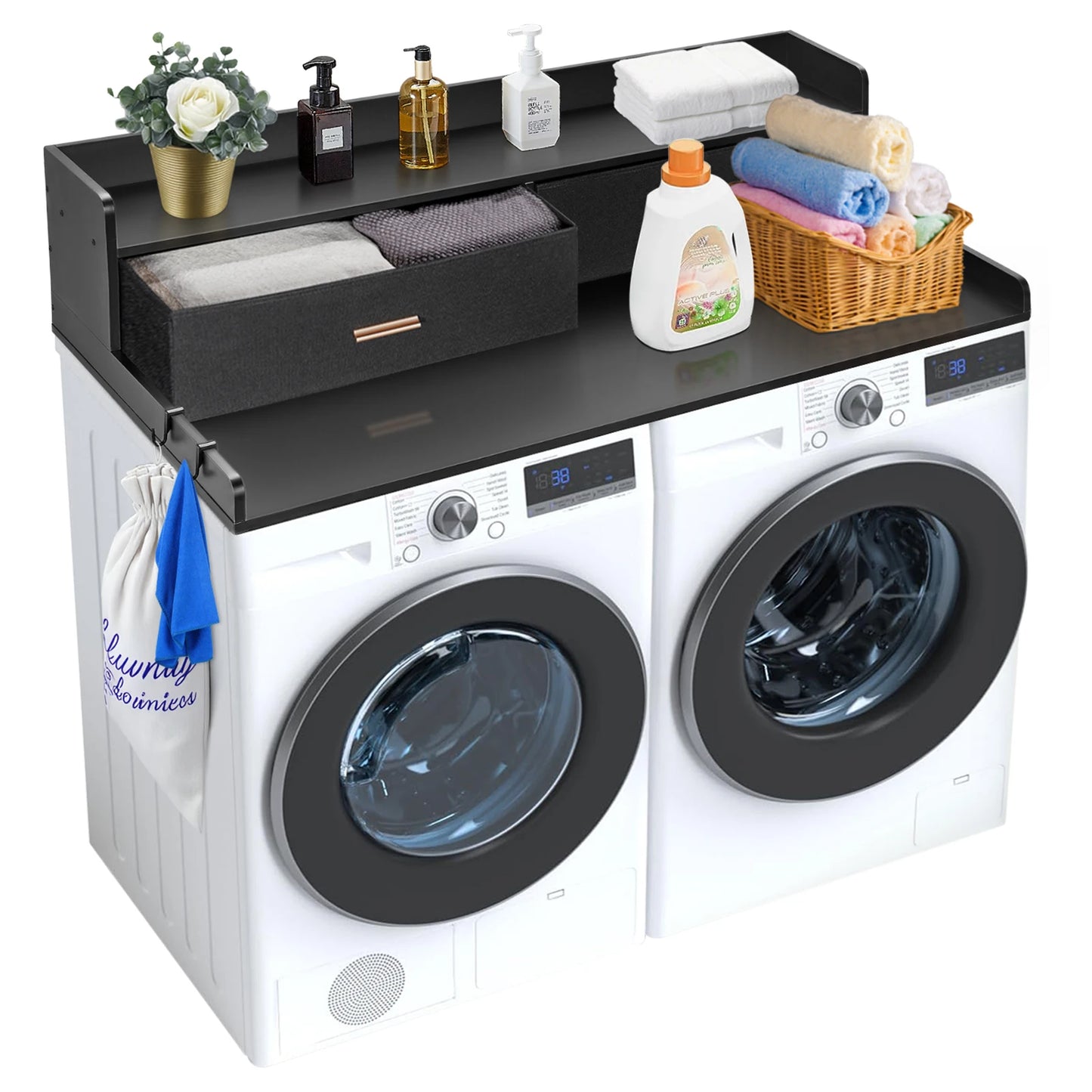 SucceBuy Washer Dryer Countertop With Wooden Drawer Shelf Laundry Topper