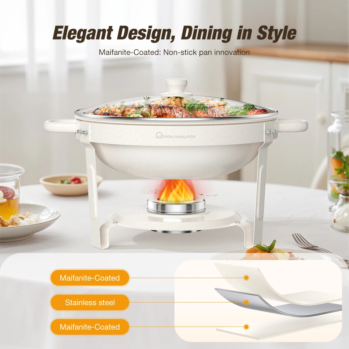 2/4Pack 5QT Fully Coated Round Chafing Dishes Buffet Set with Glass Lid White Style Chafer Water Pan