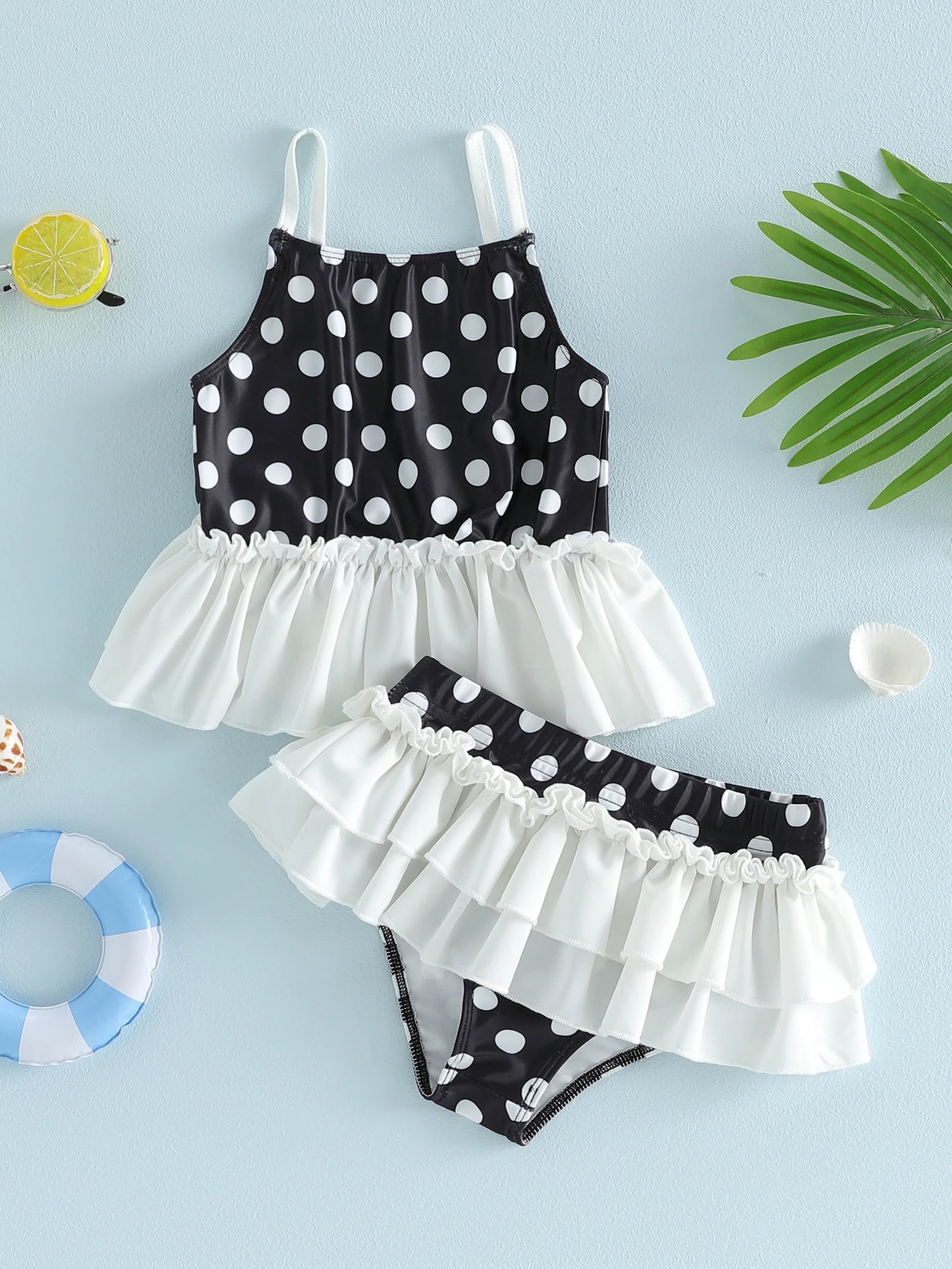 Cute Baby Girl Swimwear Set Polka Dot Pattern Sleeveless Ruffle Tops and Bottoms 2 Piece Beachwear Ensemble
